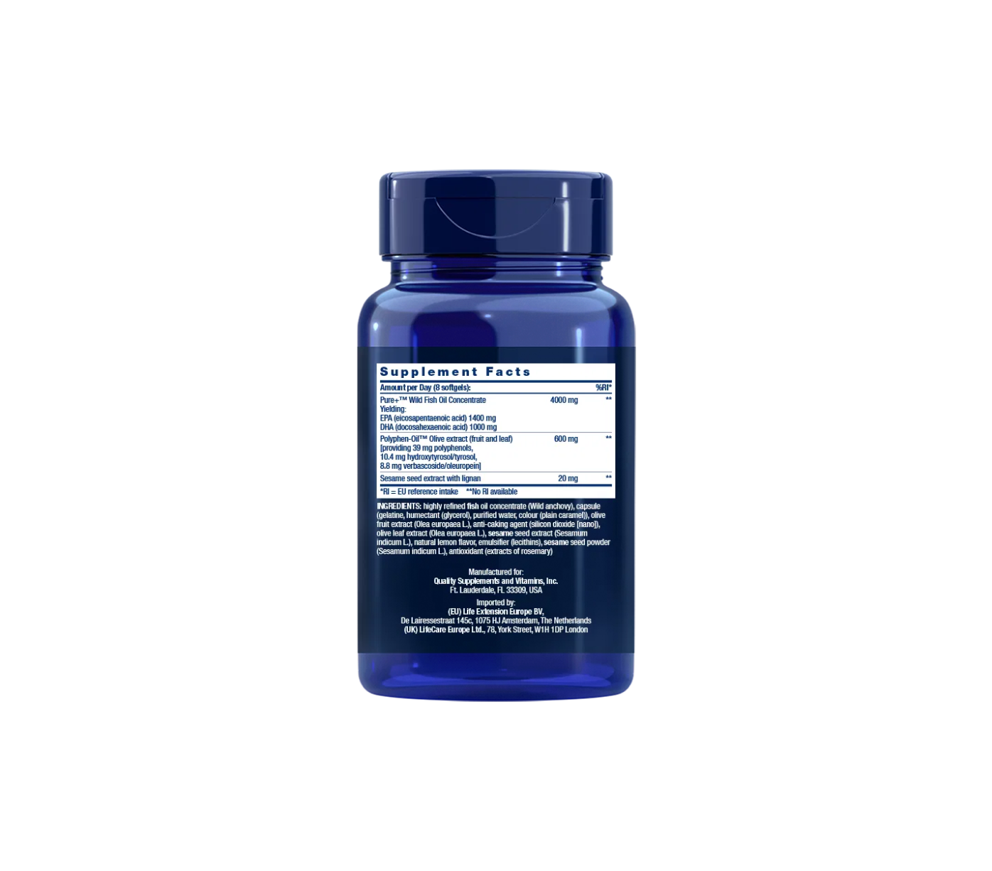 Super Omega-3 EPA/DHA Aceite de pescado, Lignanos de sésamo y Extracto de oliva - 240 cápsulas blandas - Life Extension