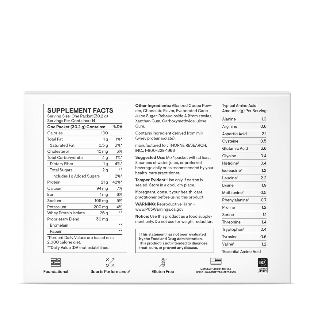 whey protein isolate - 14 saquetas (30gr) chocolate - thorne